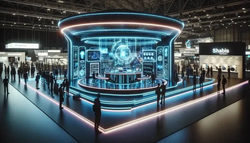 Vibrant exhibition space with attendees networking and engaging with displays