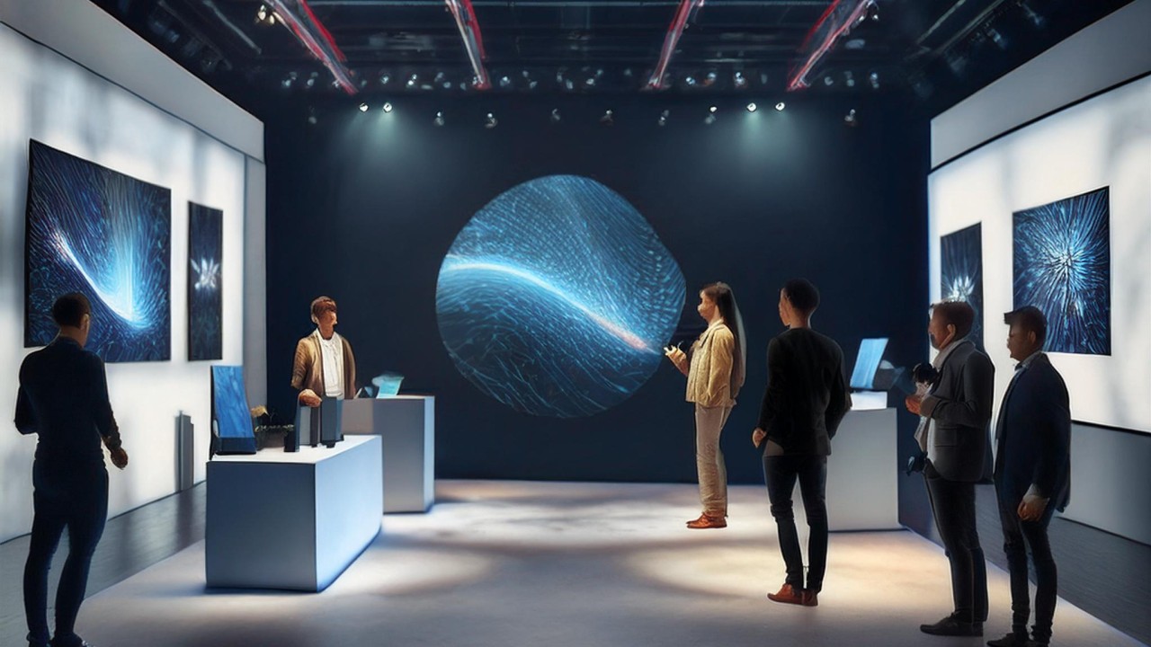 Technology innovation exhibition with interactive displays and engaged attendees