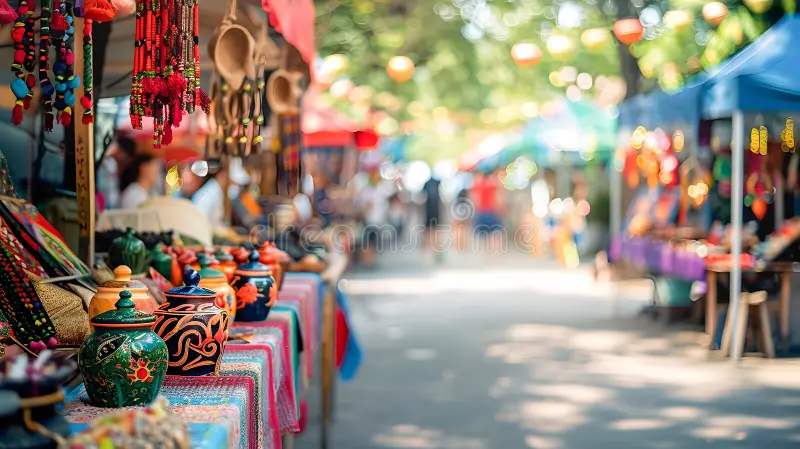 Artisan craft market with colorful stalls and customers browsing handmade products
